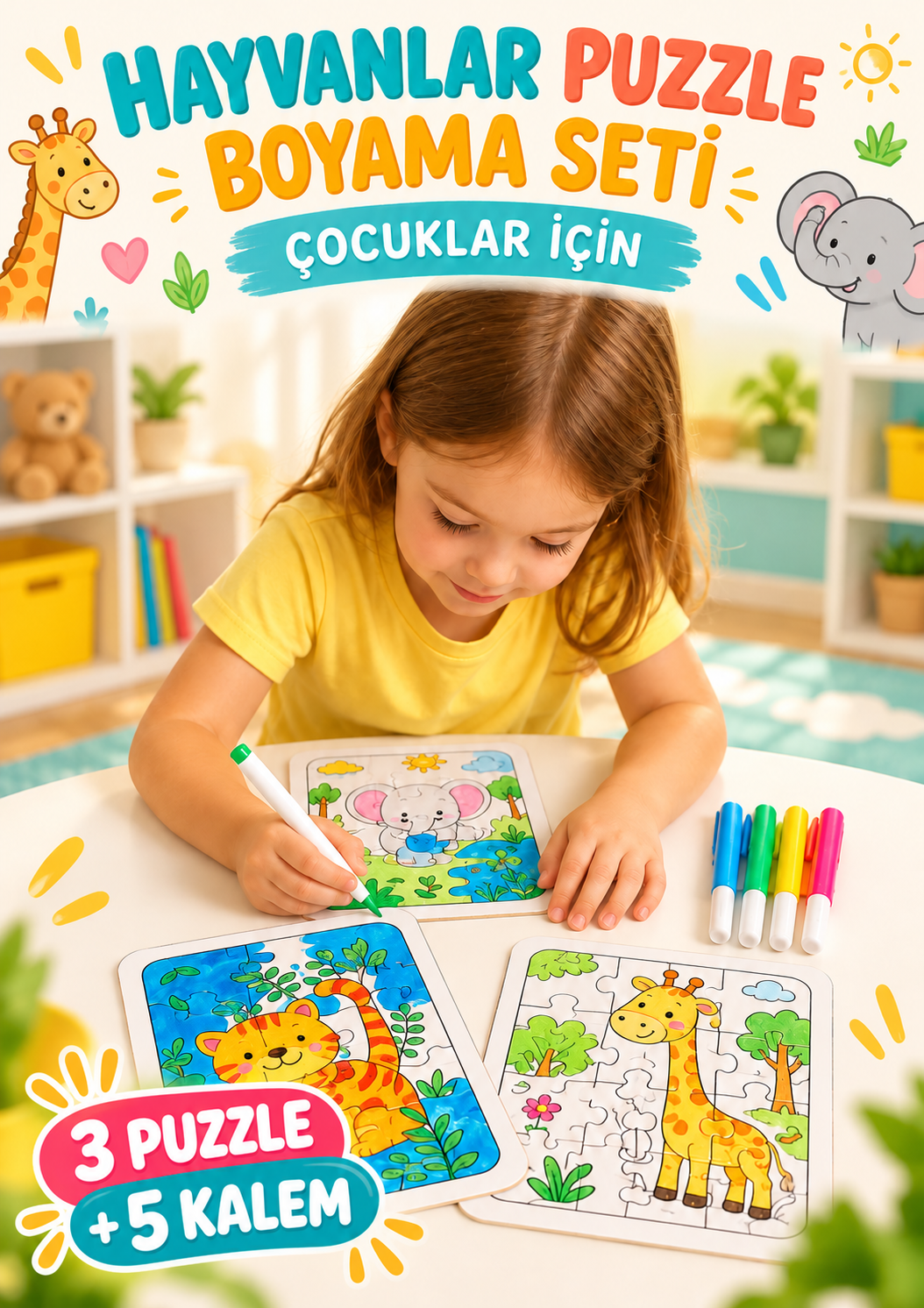 Hayvanlar Puzzle Boyama - Çocuklar İçin Boyama Seti