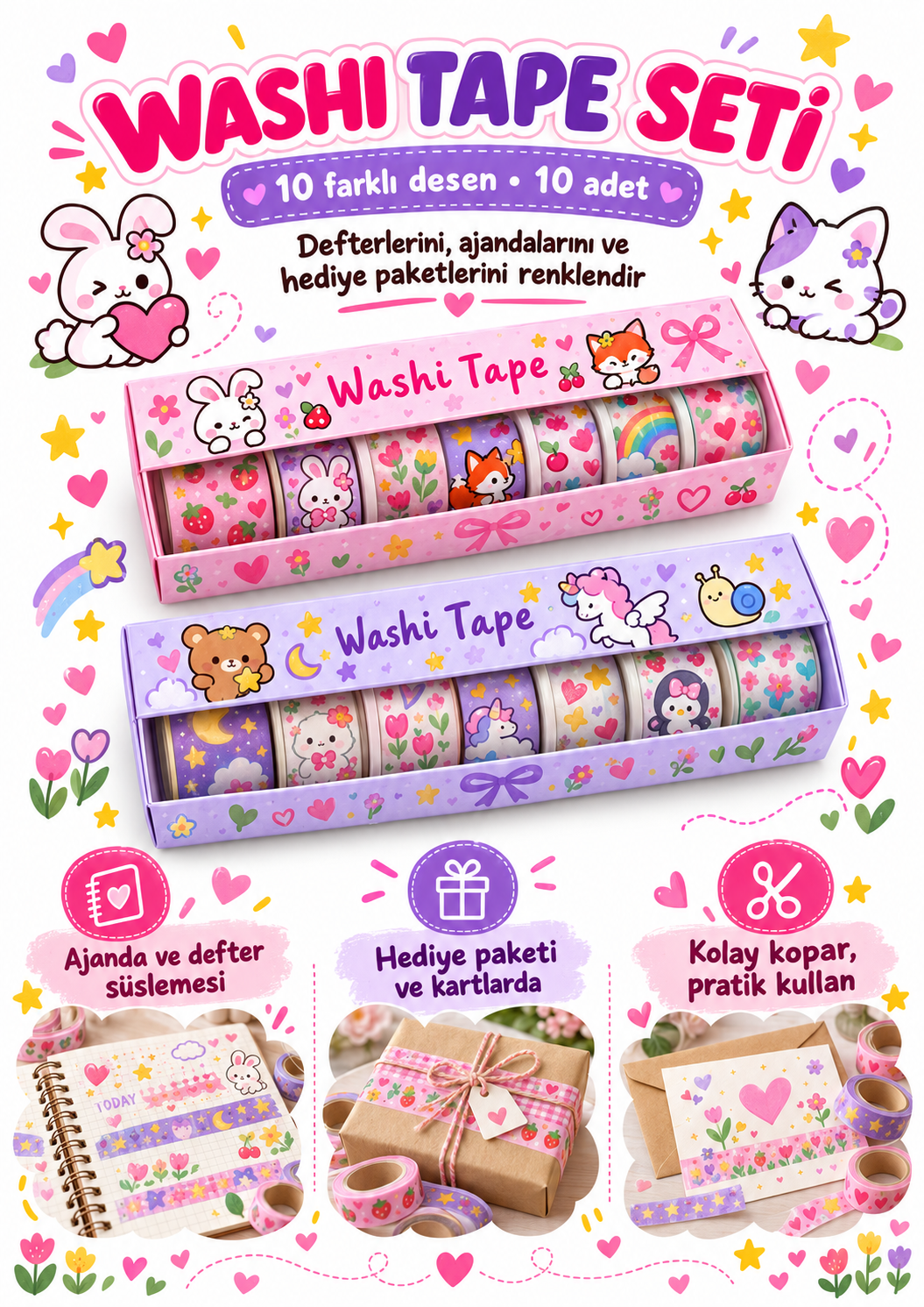 Sanrio Temalı Washie Tape Seti – Sevimli Desenli Planlayıcı Bantları - Kuromi My Melody