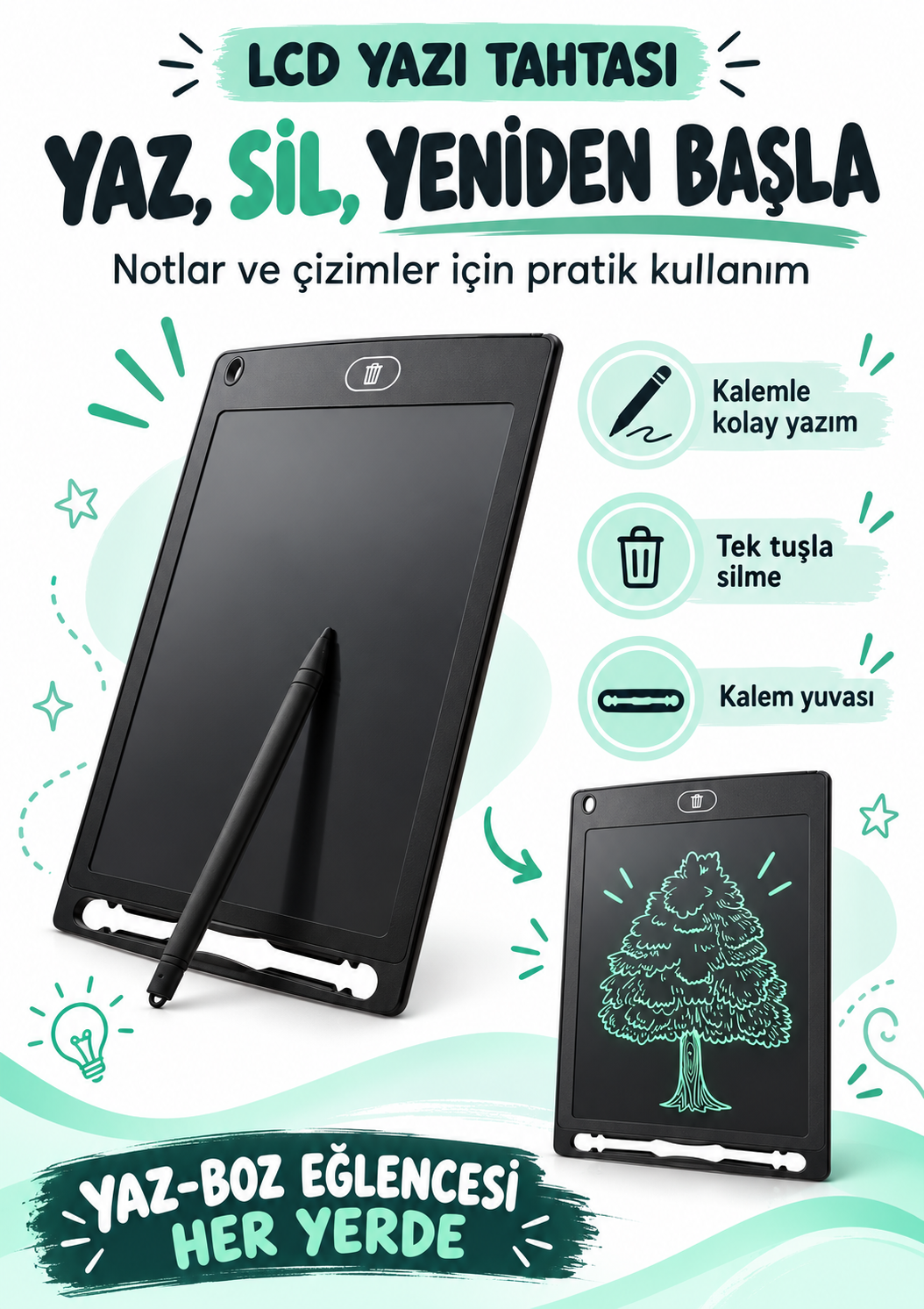 Writing Tablet Lcd 8.5 Inç Dijital Kalemli Çizim Yazı Tahtası Grafik Not Yazma Eğitim Tableti