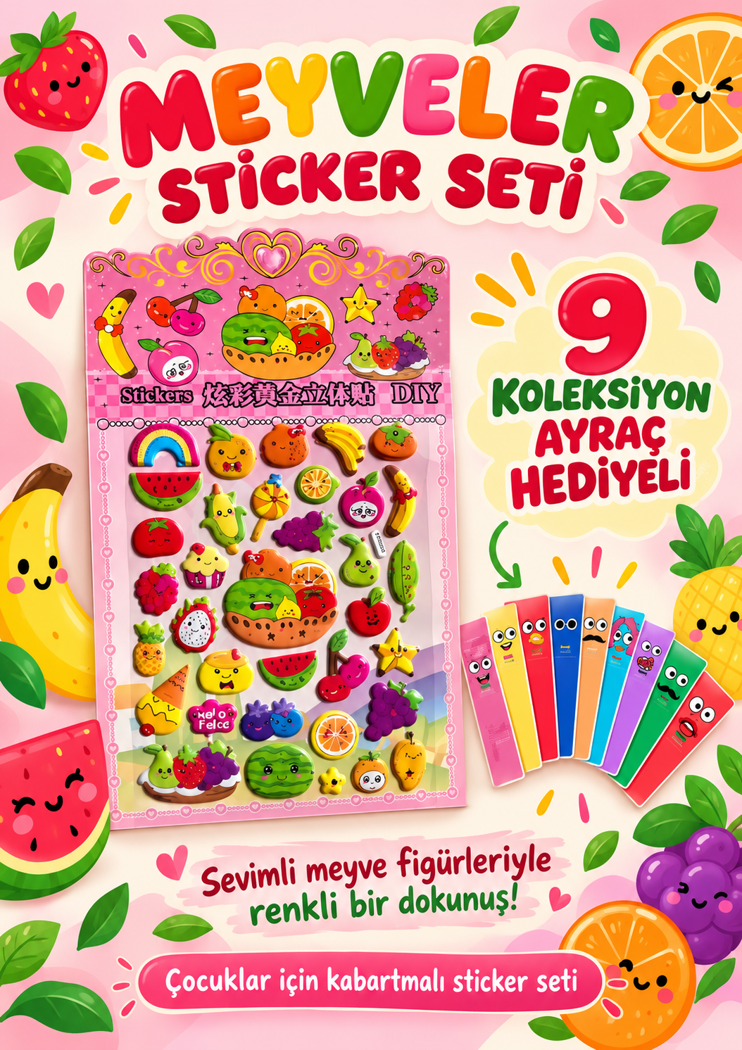 Meyve Sticker - Çocuklar İçin Kabartmalı Sticker Etiket