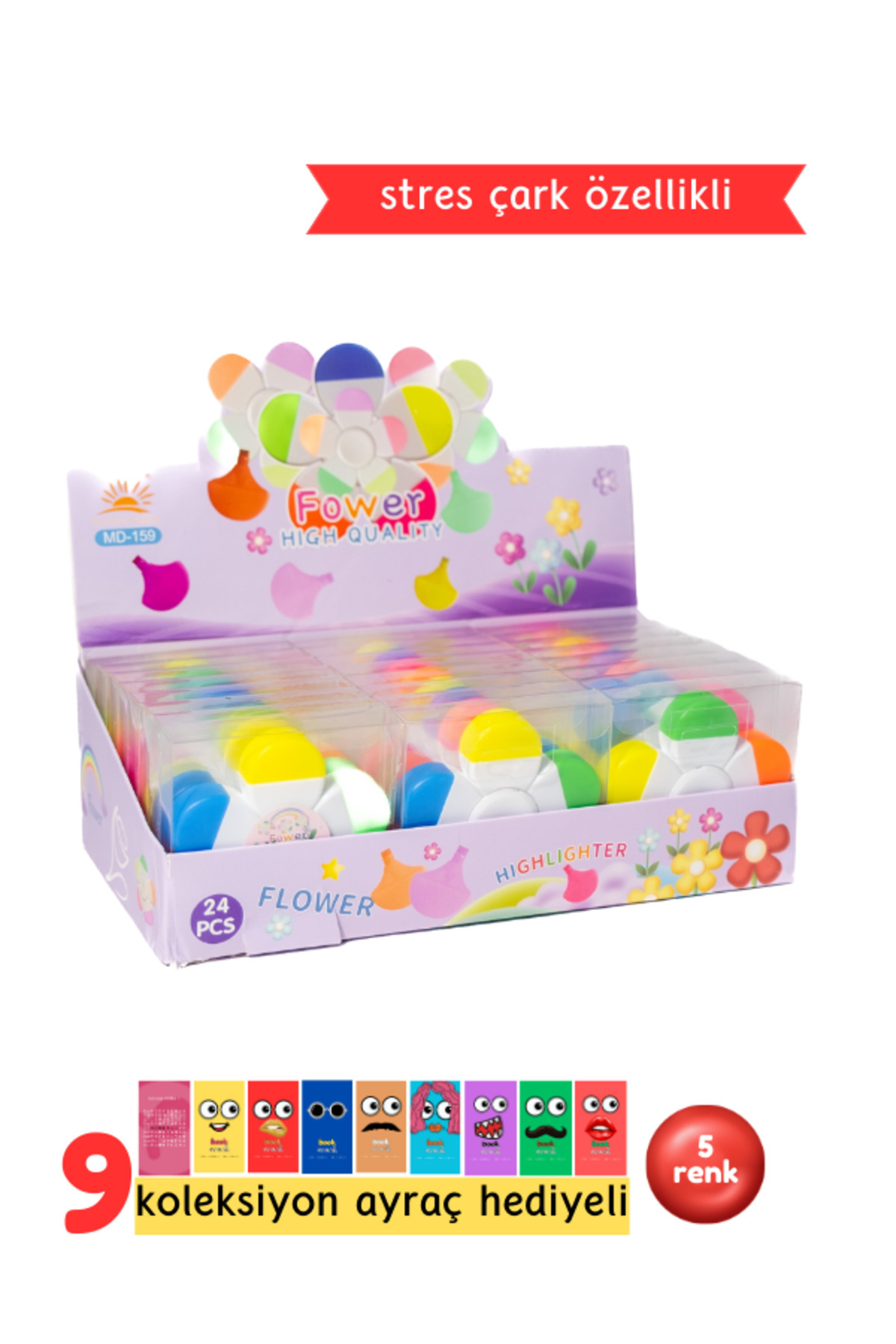 Çiçek Şeklinde Fosforlu Kalem - 5 Renkli Fosforlu Kalem (Çok Renkli)