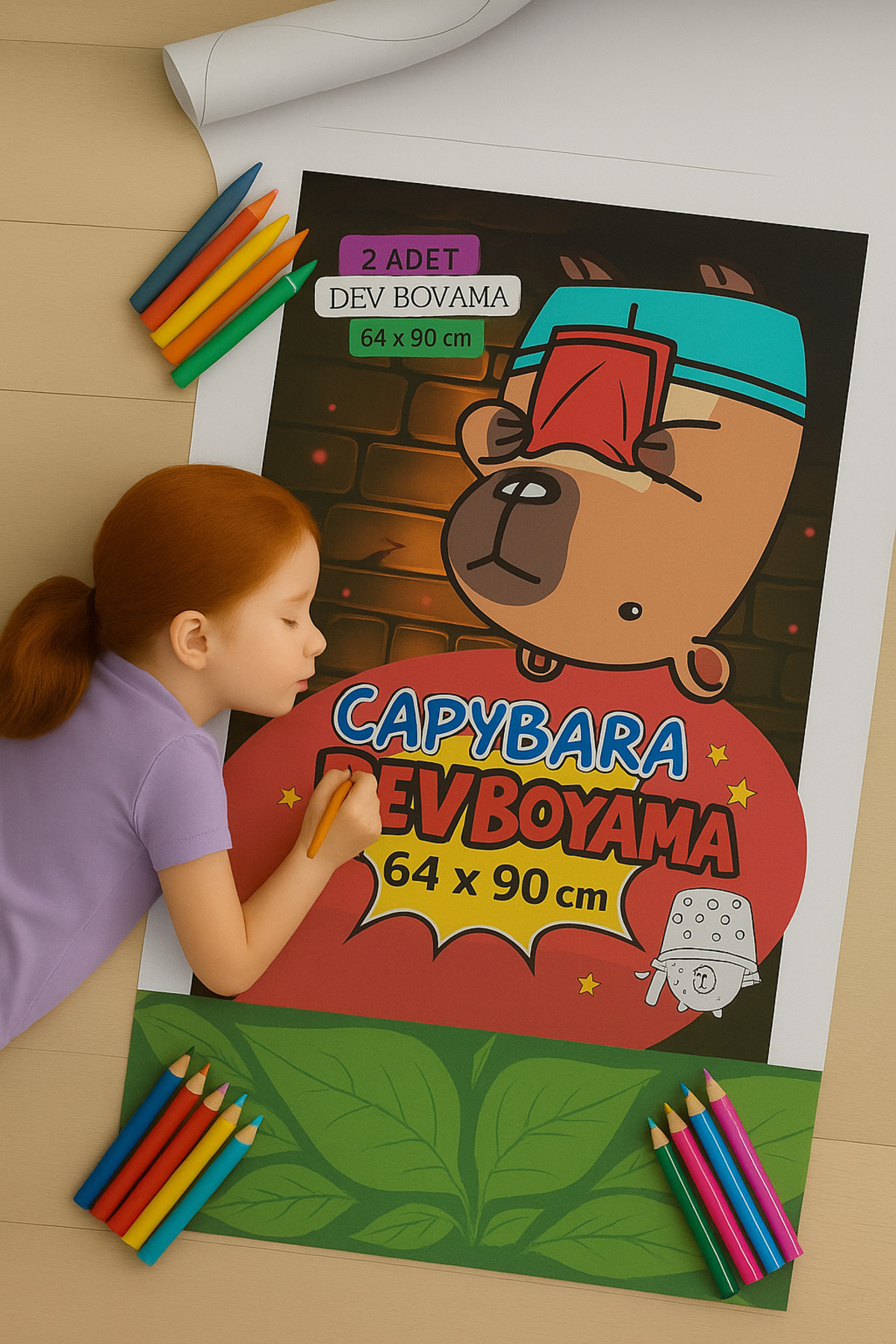 Poster Boyama - Çocuklar İçin Dev Boyama Rulosu - Capybara Desenli