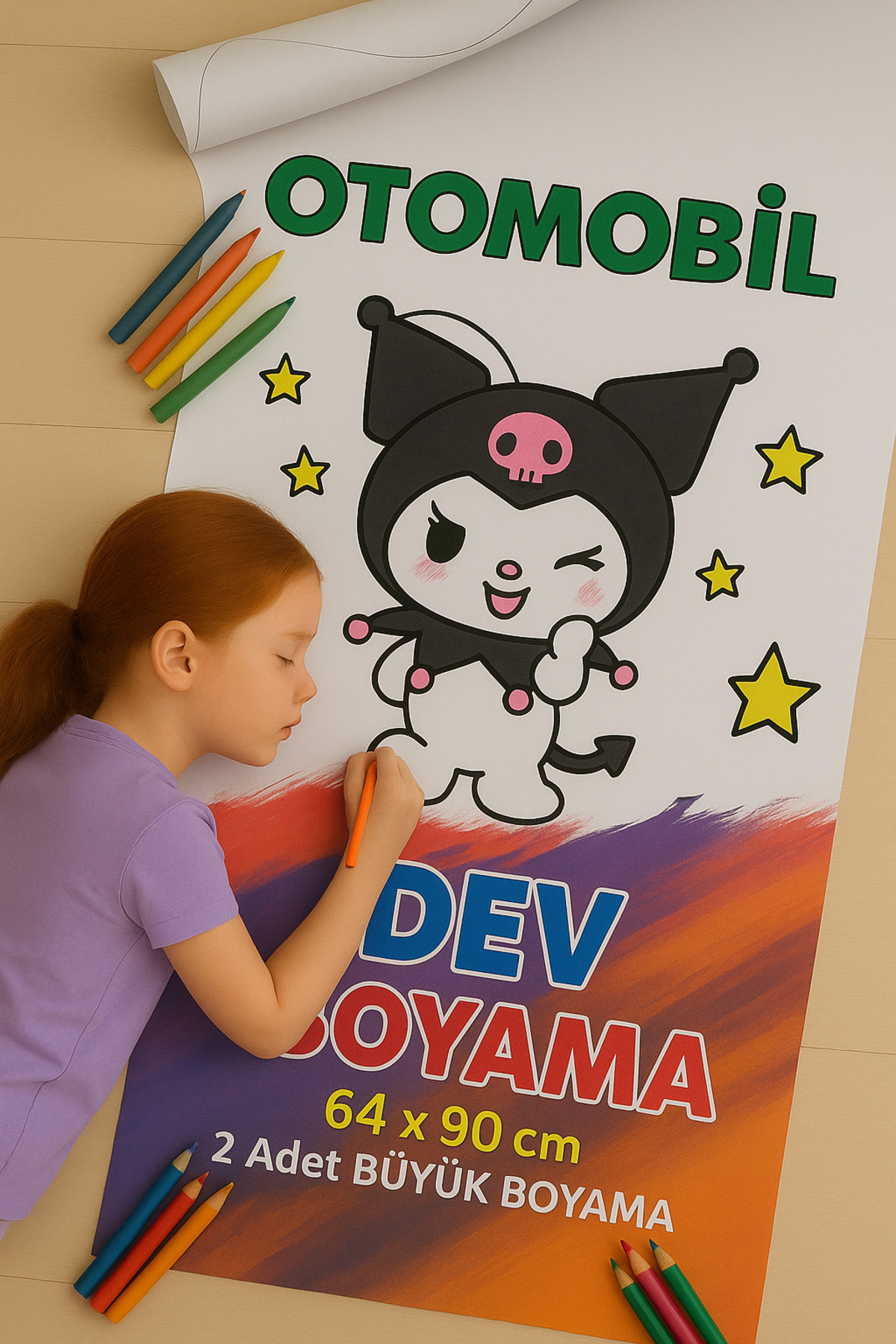 Poster Boyama - Çocuklar İçin Dev Boyama Rulosu - Kuromi Desenli