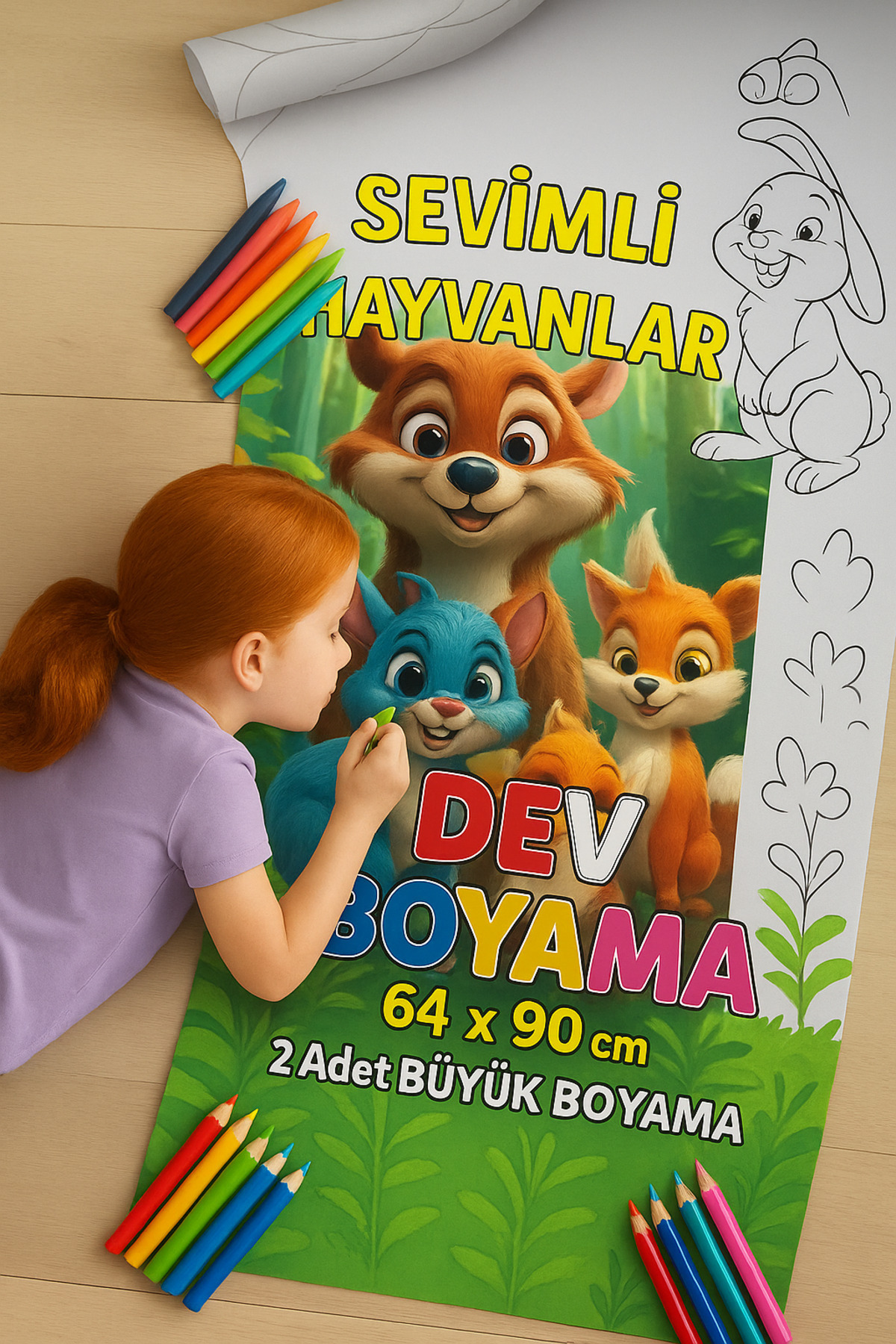 Poster Boyama - Çocuklar İçin Dev Boyama Rulosu - Sevimli Hayvanlar Desenli
